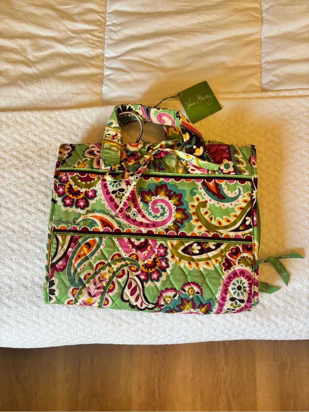 Vera Bradley Green Paisley Travel Cosmetic Bag with Pink & Purple Accents